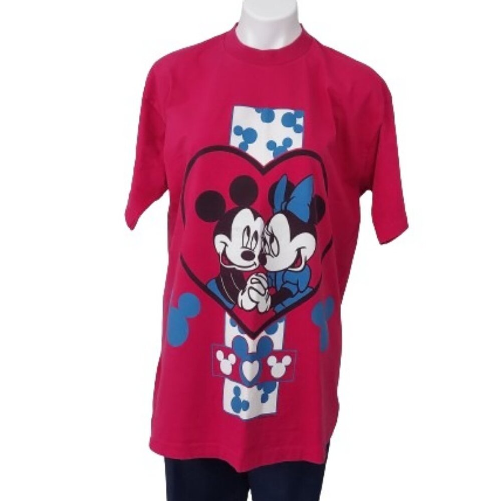 Vintage 90s Mickey and Minnie Heart Tee, 0452-A,  Pink